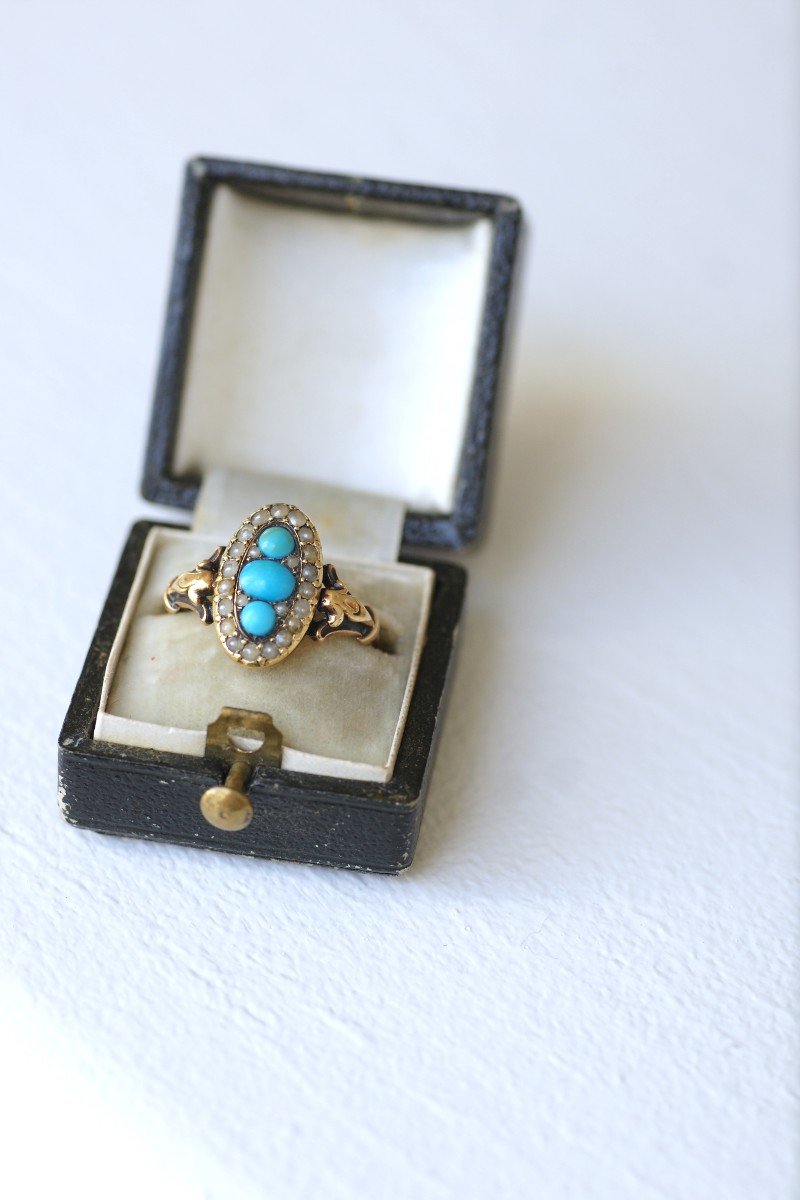 French Victorian Gold Navette Ring With Turquoises And Seed Pearls-photo-1