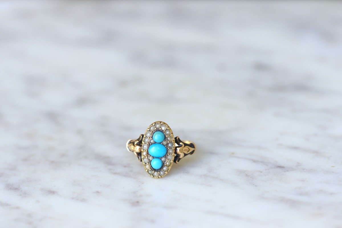 French Victorian Gold Navette Ring With Turquoises And Seed Pearls-photo-3