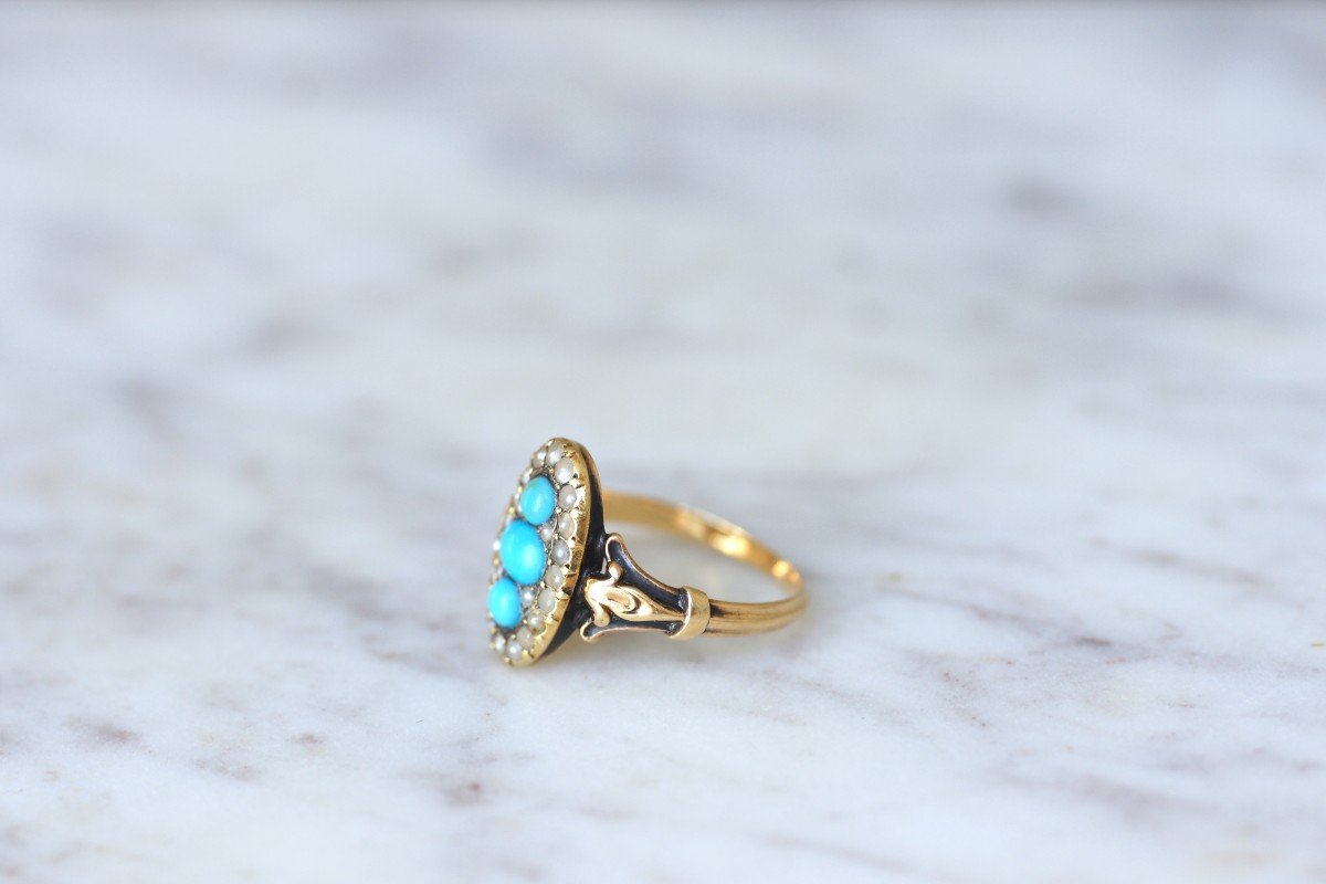 French Victorian Gold Navette Ring With Turquoises And Seed Pearls-photo-4