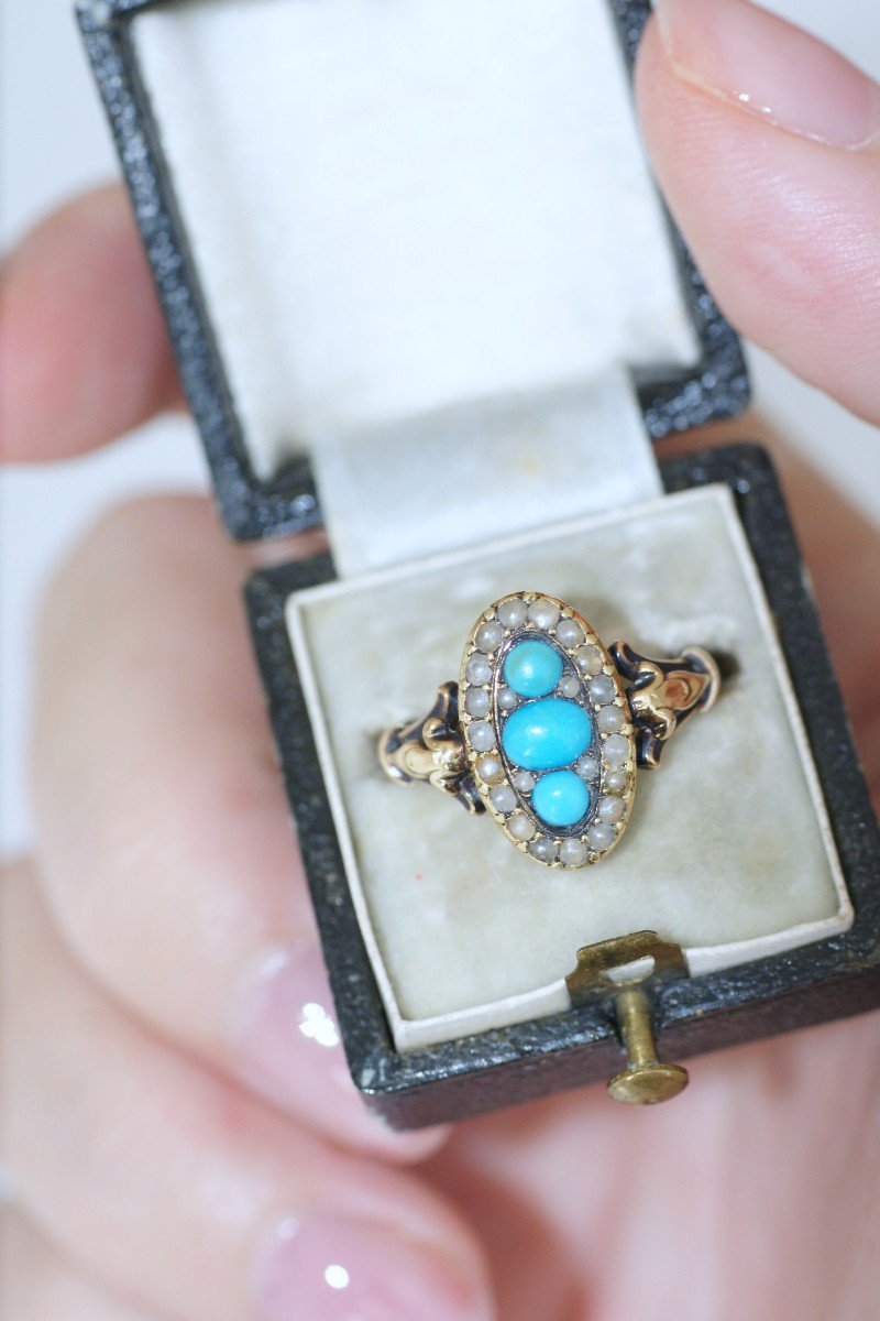 French Victorian Gold Navette Ring With Turquoises And Seed Pearls