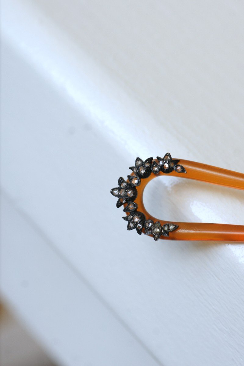 Peigne Ancien, épingle à Cheveux De Mariage, Diamants Et Argent Sur Corne-photo-5