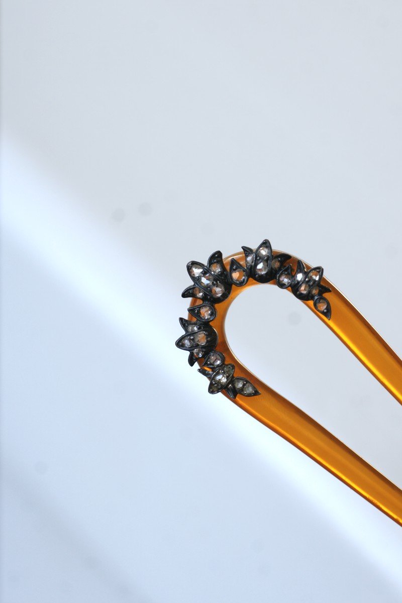 Peigne Ancien, épingle à Cheveux De Mariage, Diamants Et Argent Sur Corne-photo-7