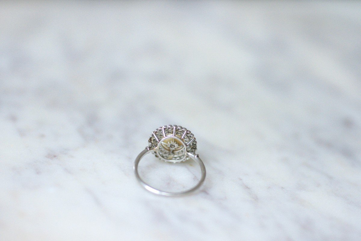 Edwardian Natural Pearl Double Surround Diamond Target Ring-photo-4