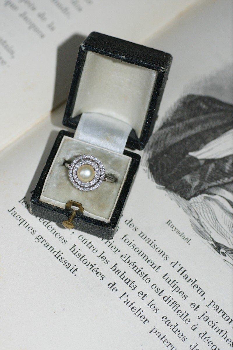 Edwardian Natural Pearl Double Surround Diamond Target Ring-photo-1