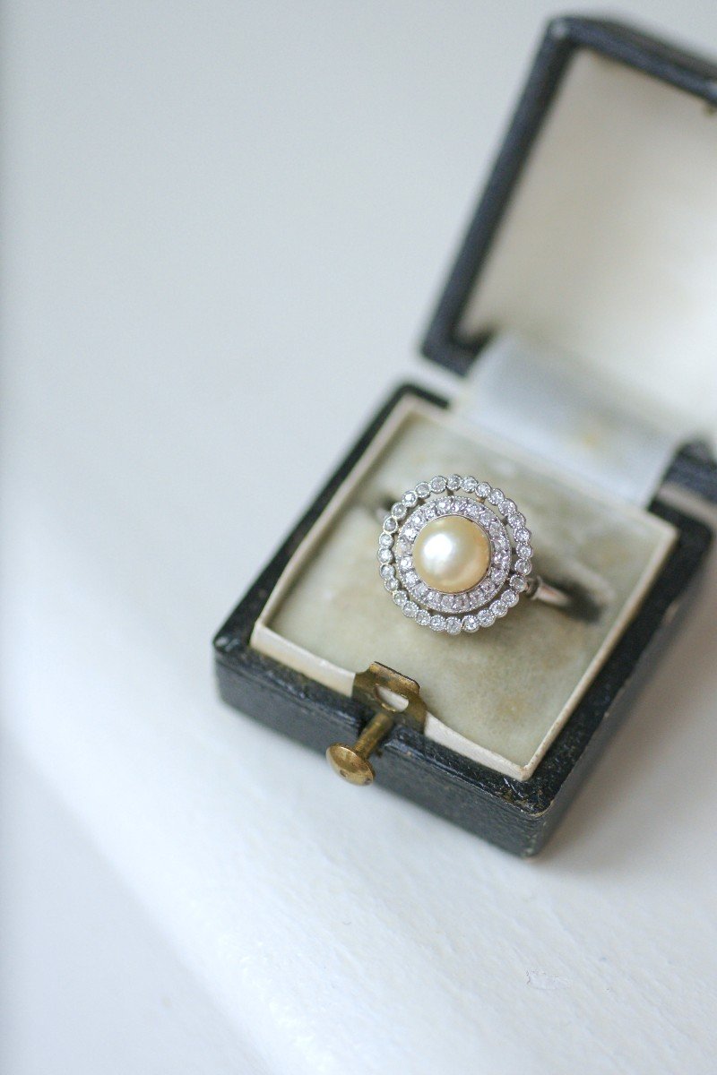 Edwardian Natural Pearl Double Surround Diamond Target Ring-photo-2