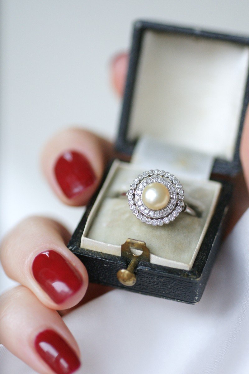 Edwardian Natural Pearl Double Surround Diamond Target Ring-photo-3