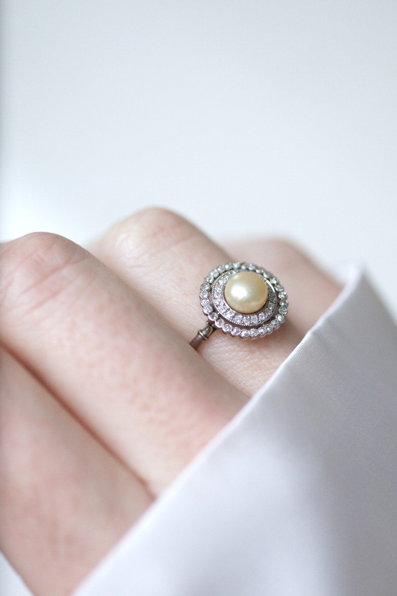 Edwardian Natural Pearl Double Surround Diamond Target Ring-photo-4