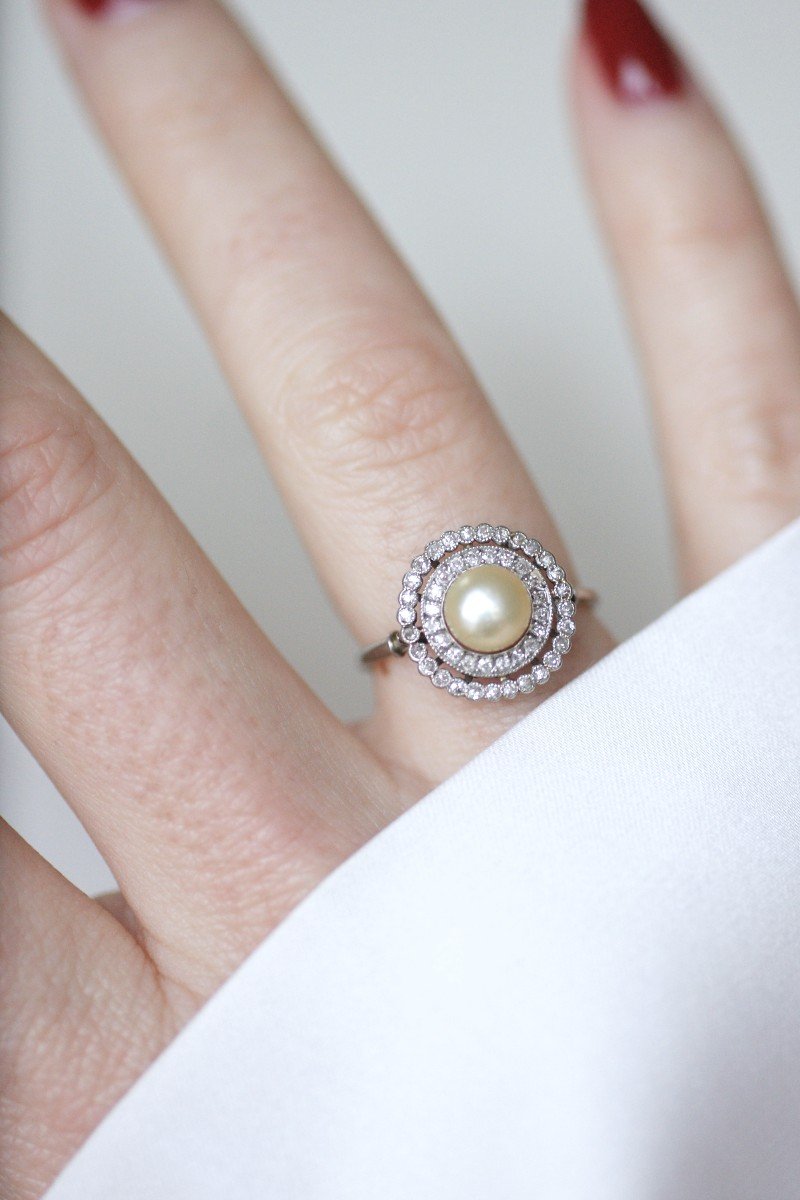 Edwardian Natural Pearl Double Surround Diamond Target Ring-photo-5