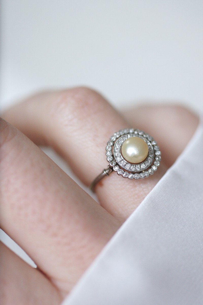 Edwardian Natural Pearl Double Surround Diamond Target Ring-photo-6