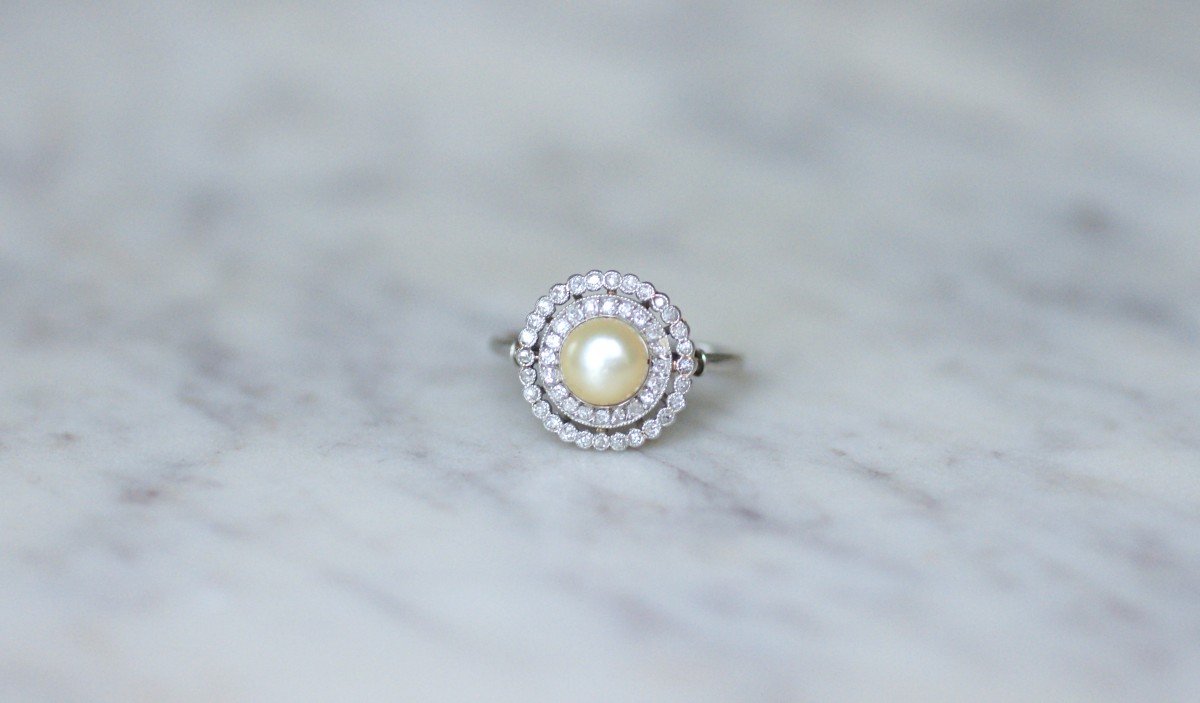 Edwardian Natural Pearl Double Surround Diamond Target Ring