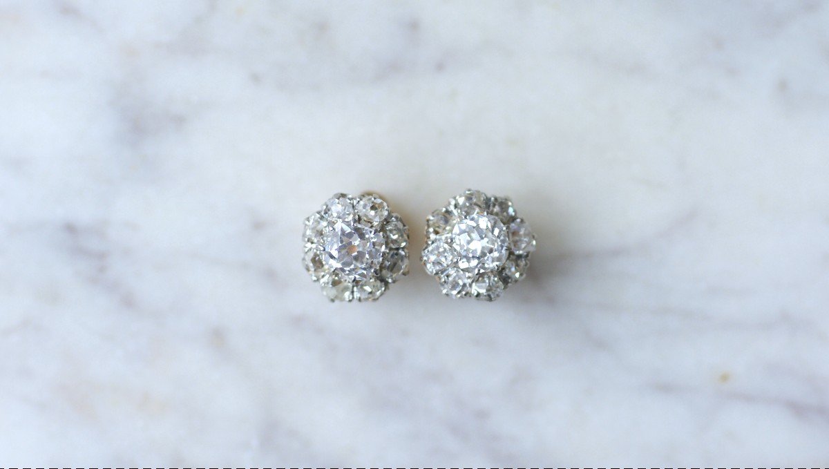 Puces d'Oreilles Marguerites Diamants 2,30 Cts Sur Or Et Platine, Edouardien-photo-2