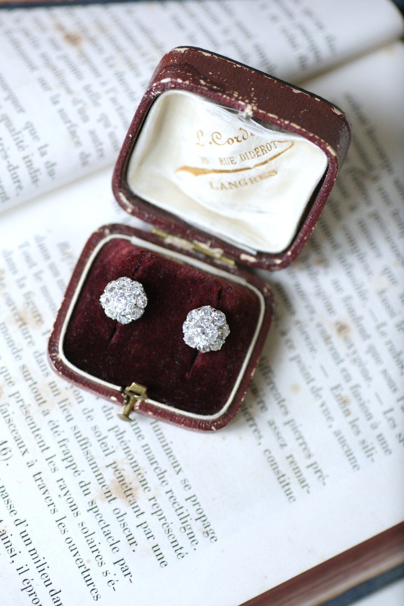Puces d'Oreilles Marguerites Diamants 2,30 Cts Sur Or Et Platine, Edouardien-photo-3
