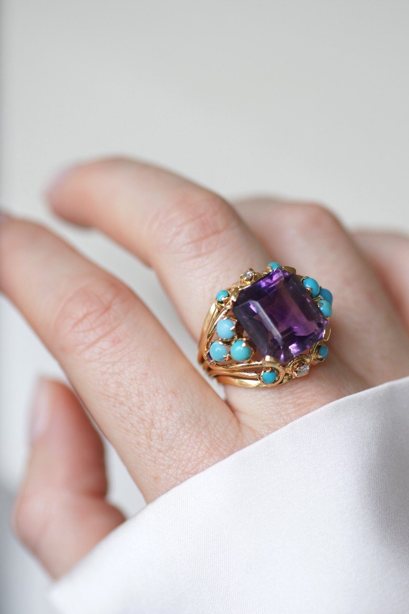 Amethyst Turquoise And Diamond Retro Cocktail Ring In Yellow Gold-photo-2