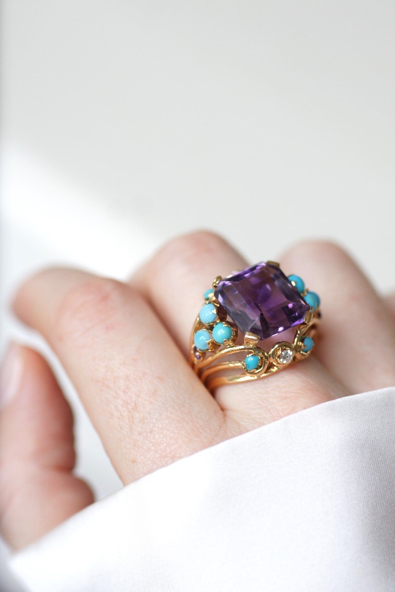 Amethyst Turquoise And Diamond Retro Cocktail Ring In Yellow Gold-photo-3