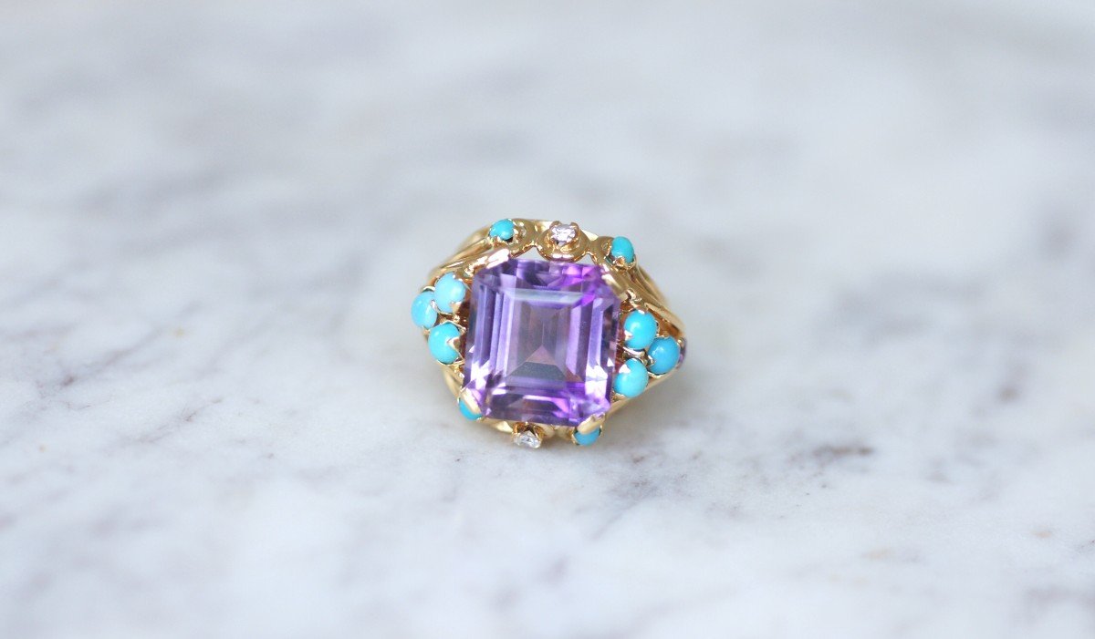 Amethyst Turquoise And Diamond Retro Cocktail Ring In Yellow Gold-photo-1