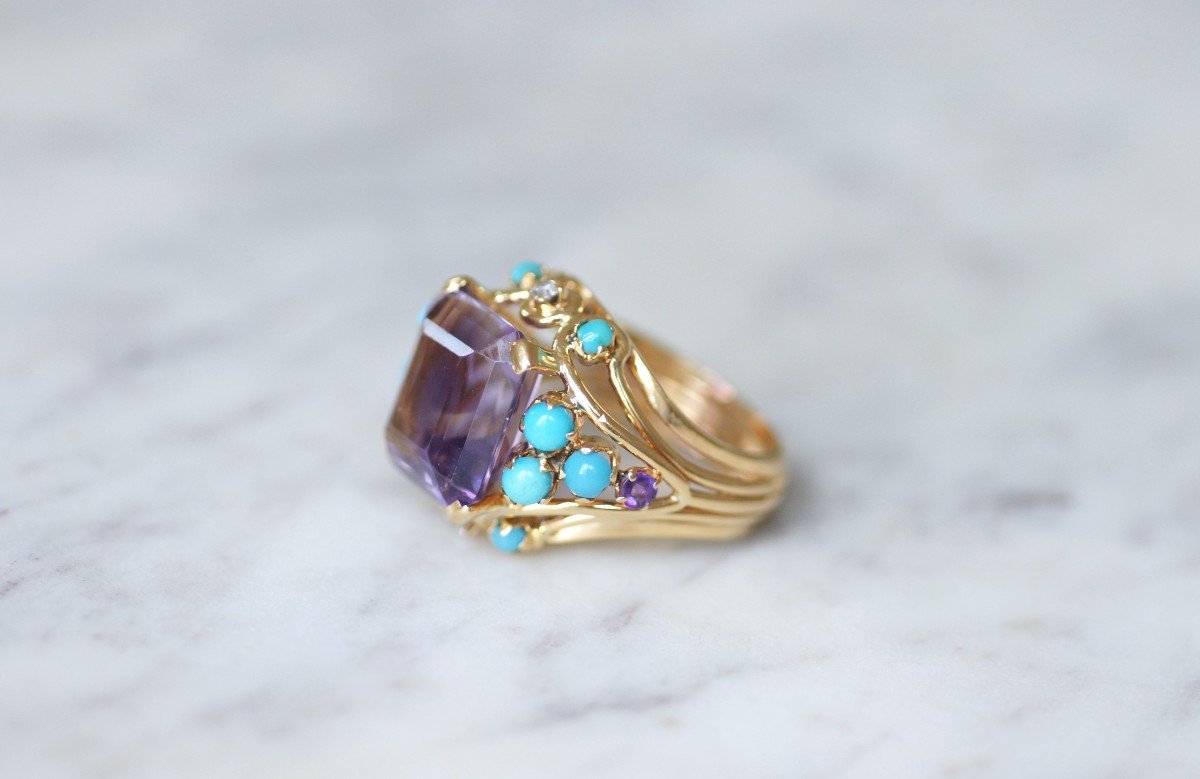 Amethyst Turquoise And Diamond Retro Cocktail Ring In Yellow Gold-photo-2