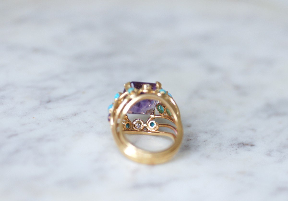 Amethyst Turquoise And Diamond Retro Cocktail Ring In Yellow Gold-photo-3