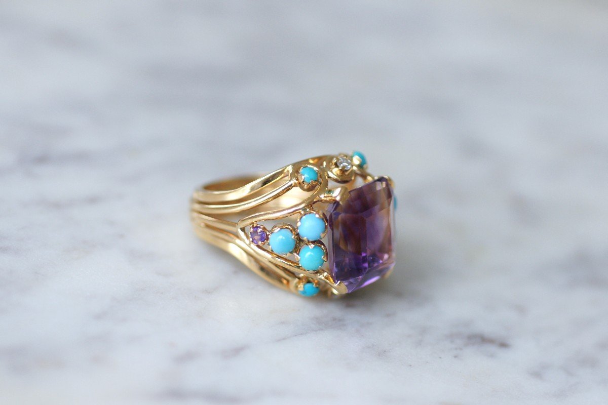 Amethyst Turquoise And Diamond Retro Cocktail Ring In Yellow Gold-photo-4