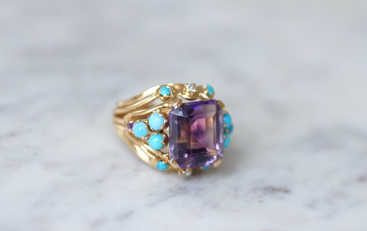 Amethyst Turquoise And Diamond Retro Cocktail Ring In Yellow Gold-photo-5