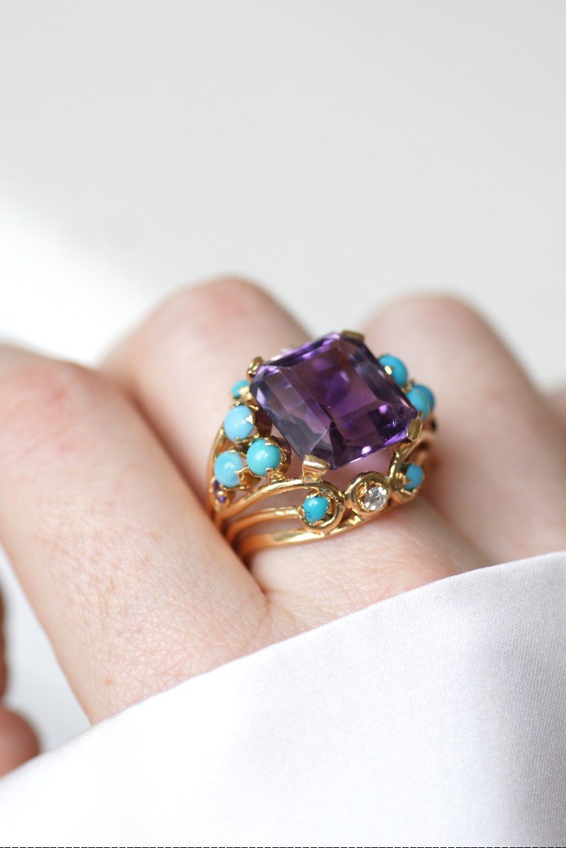 Amethyst Turquoise And Diamond Retro Cocktail Ring In Yellow Gold
