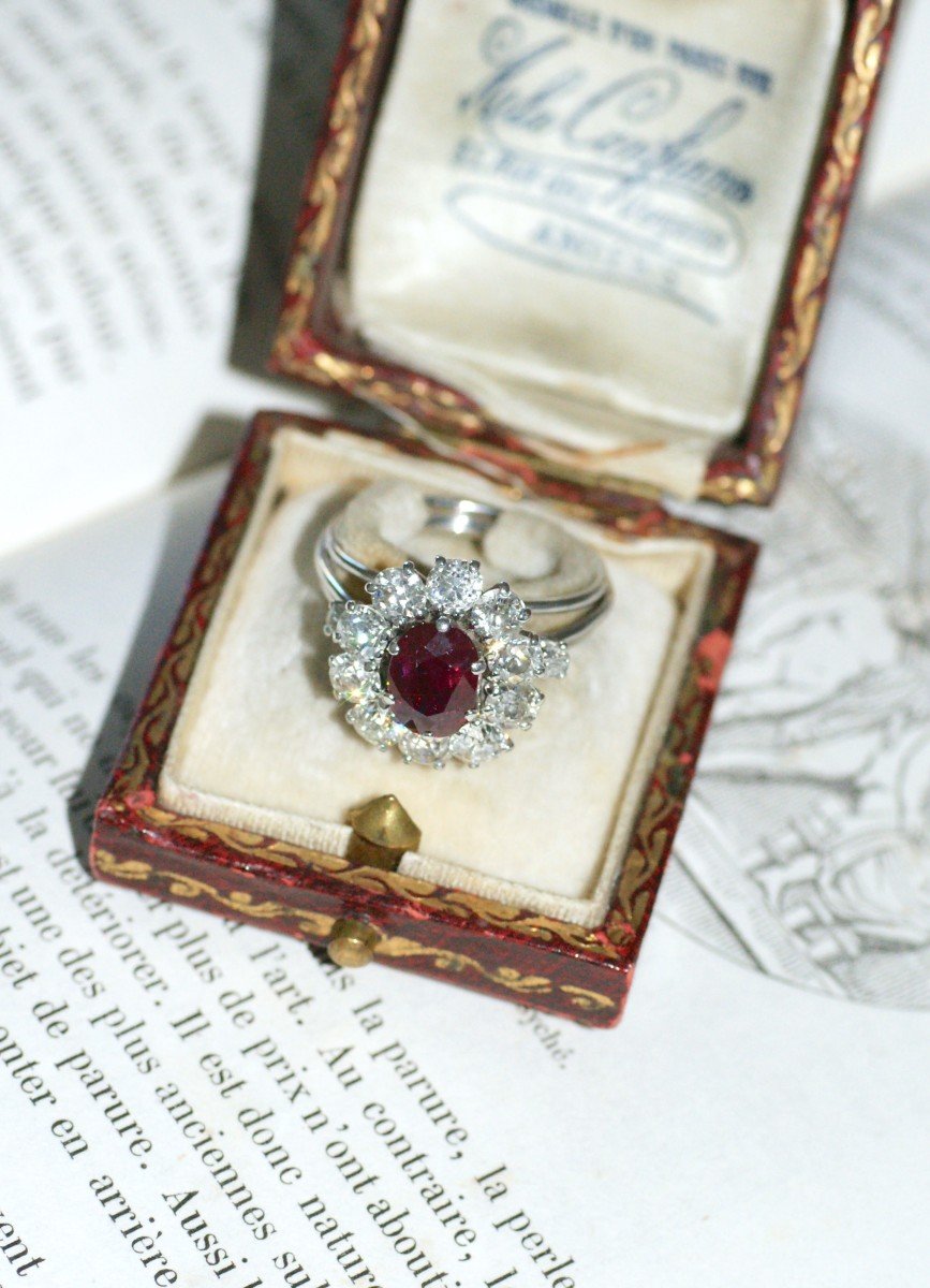 1.60 Cts Unheated Burma Ruby & Diamonds Cluster Ring 