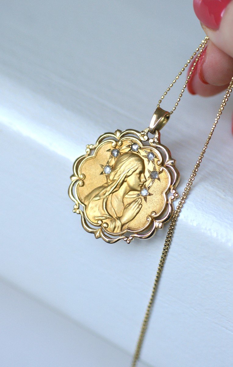 Antique Art Nouveau Virgin Mary Medal Diamonds On Yellow Gold -photo-4