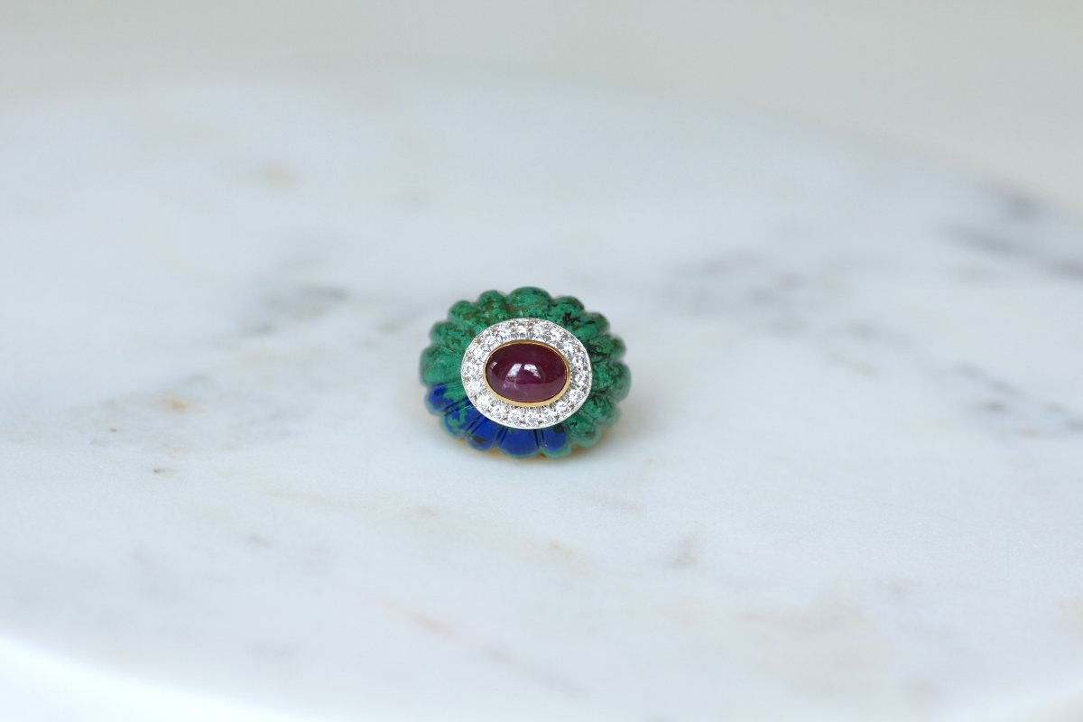 David Webb Azurmalachite, Ruby, And Diamond Cocktail Ring In Yellow Gold And Platinum-photo-2