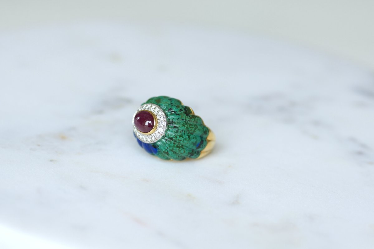 David Webb Azurmalachite, Ruby, And Diamond Cocktail Ring In Yellow Gold And Platinum-photo-3
