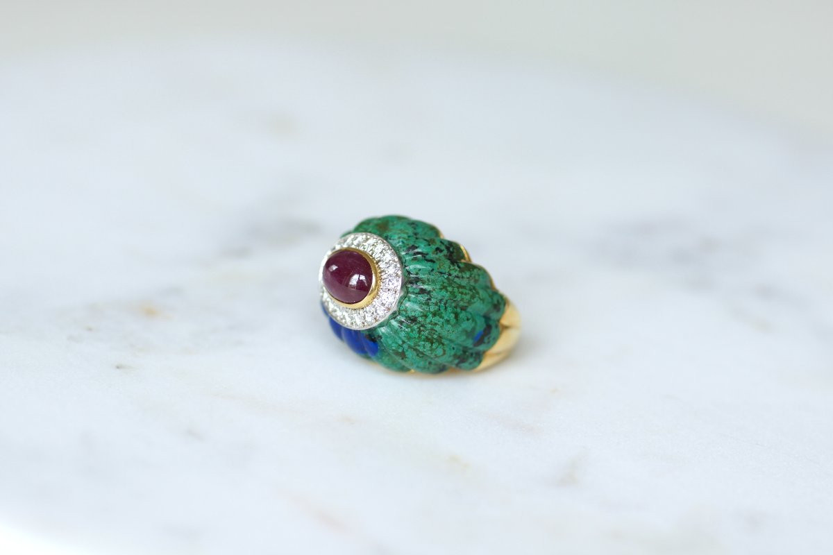 David Webb Azurmalachite, Ruby, And Diamond Cocktail Ring In Yellow Gold And Platinum-photo-4