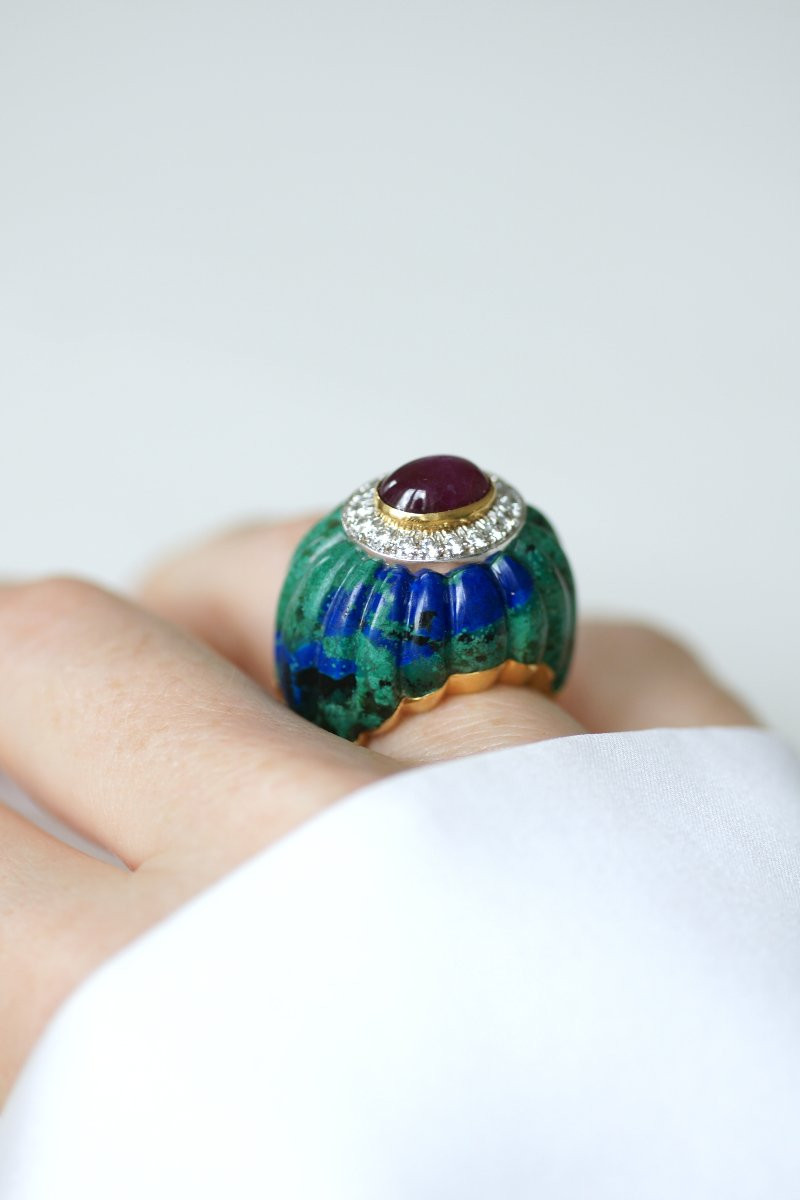 David Webb Azurmalachite, Ruby, And Diamond Cocktail Ring In Yellow Gold And Platinum-photo-1