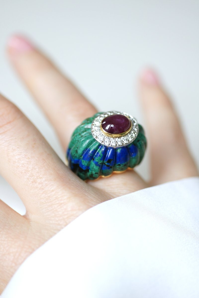 David Webb Azurmalachite, Ruby, And Diamond Cocktail Ring In Yellow Gold And Platinum-photo-2