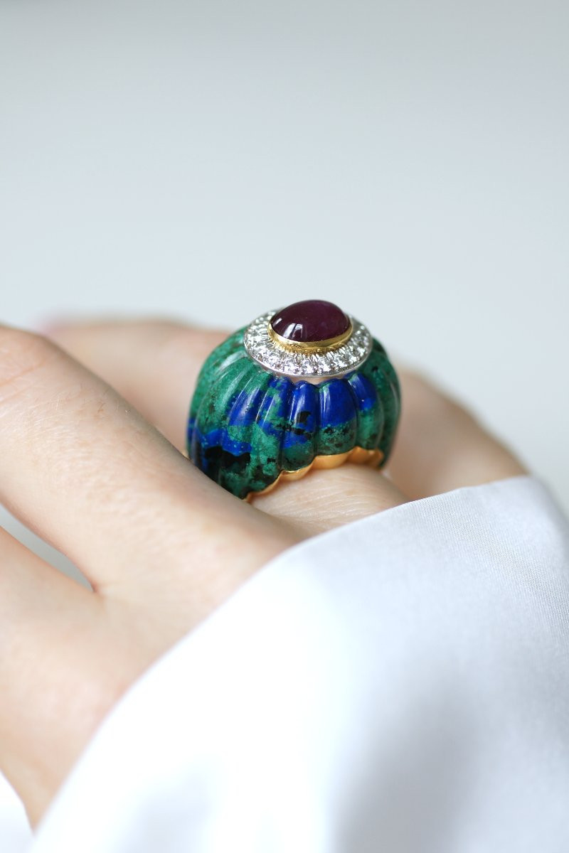 David Webb Azurmalachite, Ruby, And Diamond Cocktail Ring In Yellow Gold And Platinum-photo-3