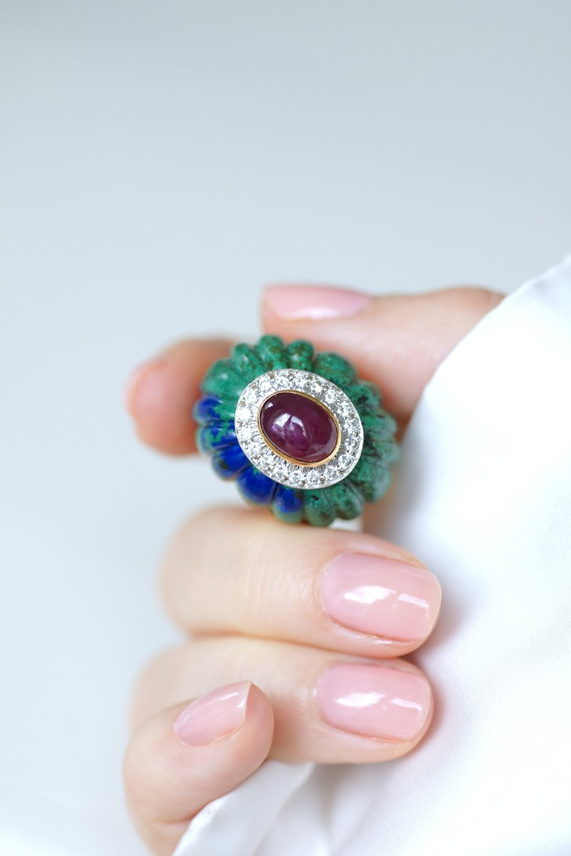 David Webb Azurmalachite, Ruby, And Diamond Cocktail Ring In Yellow Gold And Platinum-photo-4