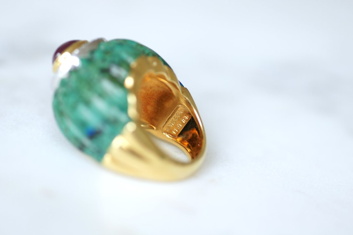 David Webb Azurmalachite, Ruby, And Diamond Cocktail Ring In Yellow Gold And Platinum-photo-6