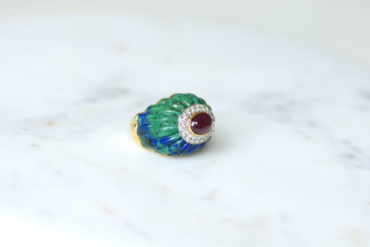 David Webb Azurmalachite, Ruby, And Diamond Cocktail Ring In Yellow Gold And Platinum-photo-7