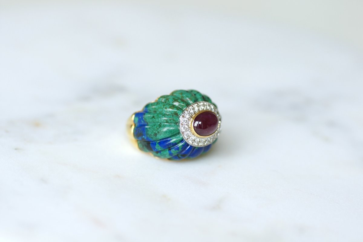 David Webb Azurmalachite, Ruby, And Diamond Cocktail Ring In Yellow Gold And Platinum-photo-8