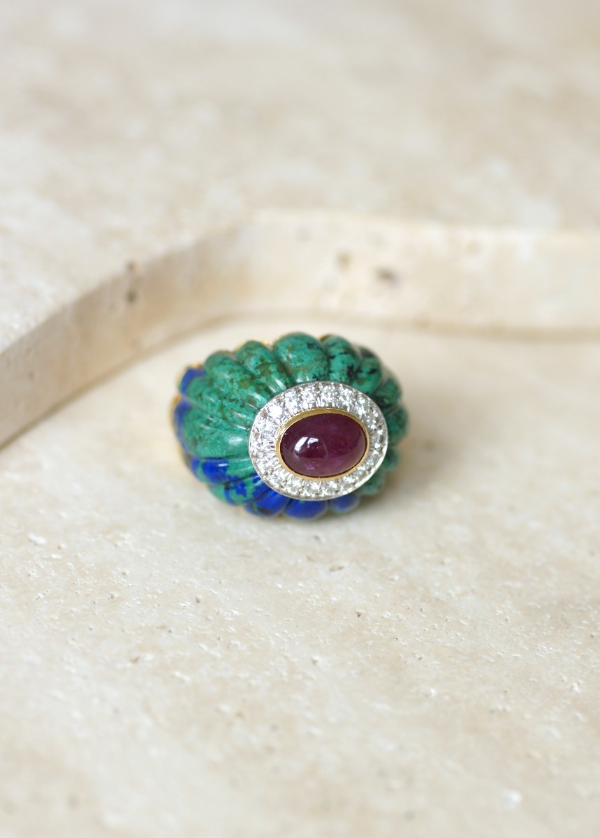 David Webb Azurmalachite, Ruby, And Diamond Cocktail Ring In Yellow Gold And Platinum