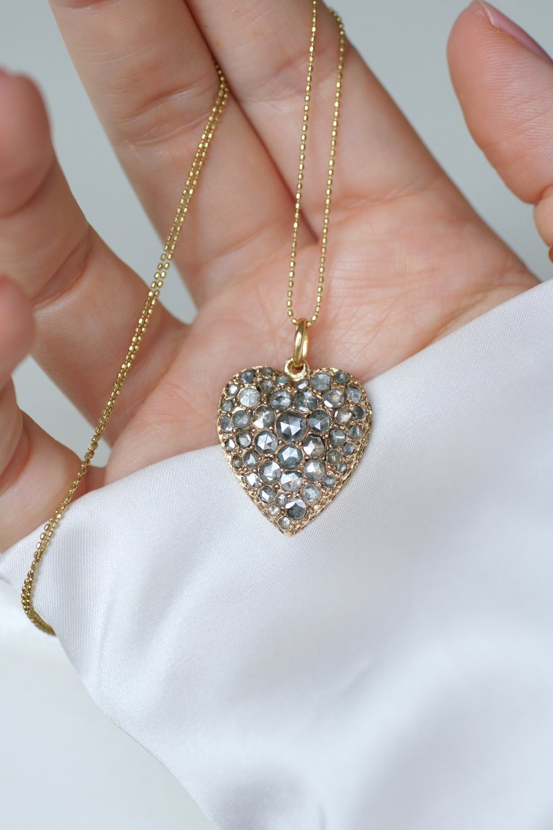 Pendentif Ancien Cœur Diamants sur Or Rose-photo-1