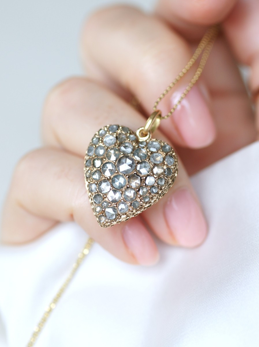 Pendentif Ancien Cœur Diamants sur Or Rose