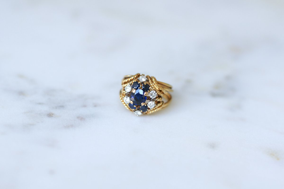 Boucheron Bague Boule Cocktail Saphir et Diamant sur Or Jaune et Platine-photo-2