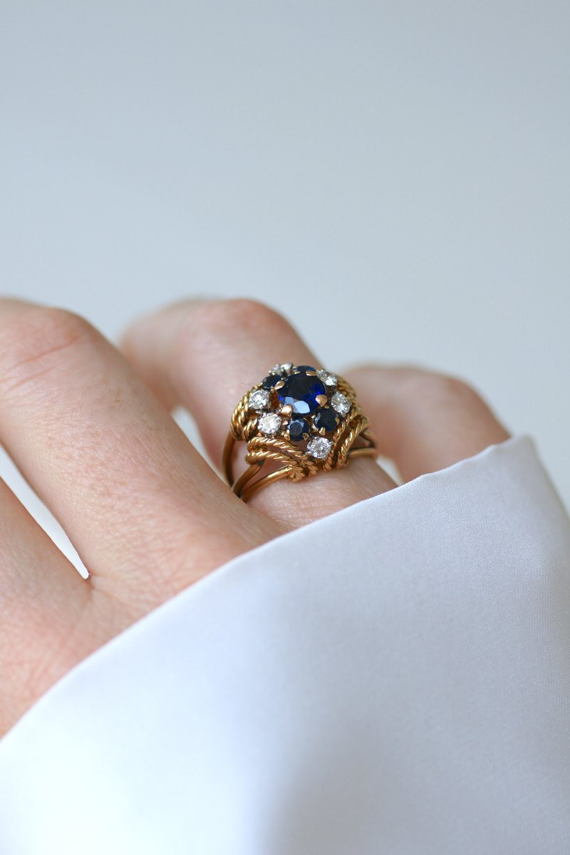 Boucheron Bague Boule Cocktail Saphir et Diamant sur Or Jaune et Platine-photo-3