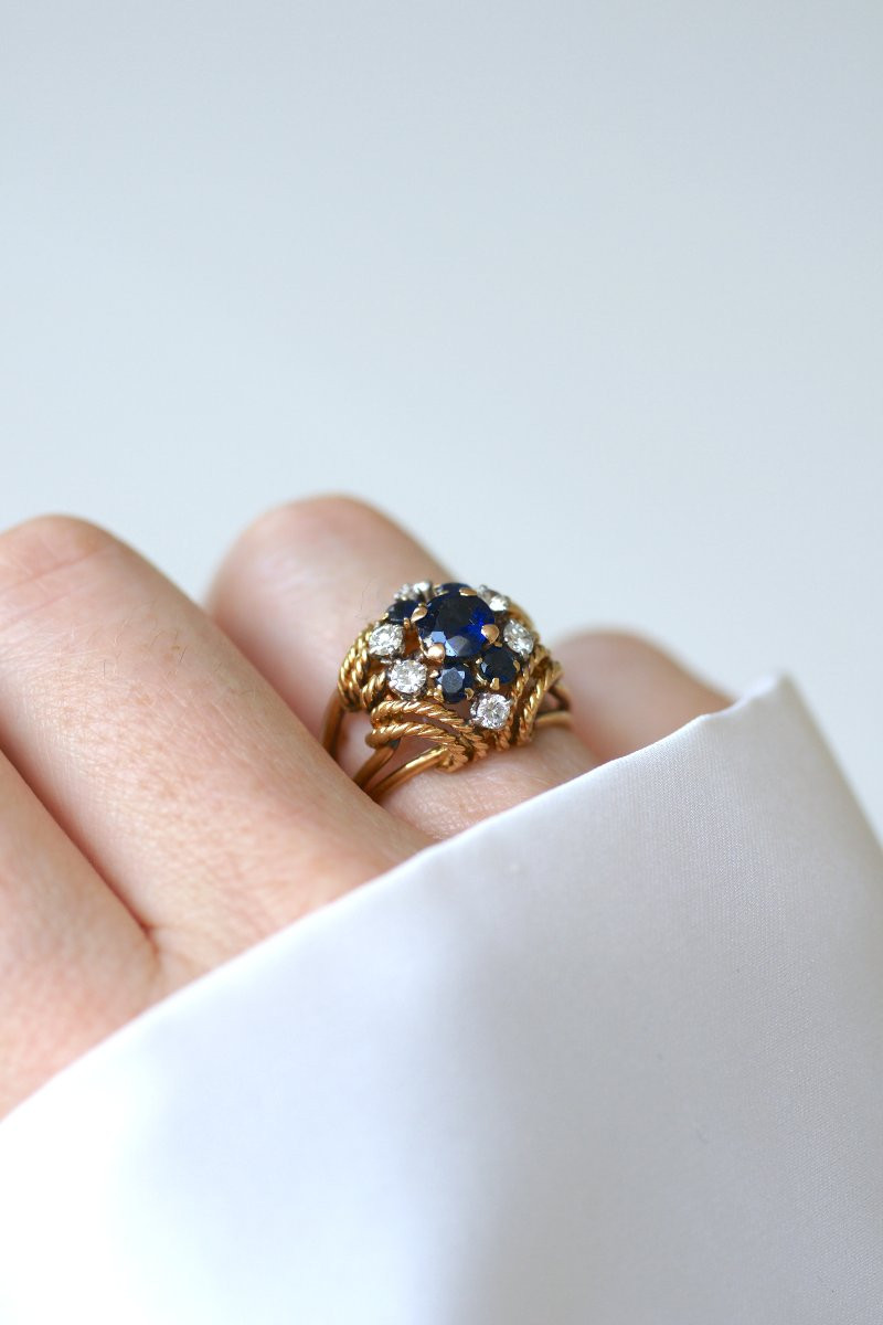 Boucheron Bague Boule Cocktail Saphir et Diamant sur Or Jaune et Platine-photo-4