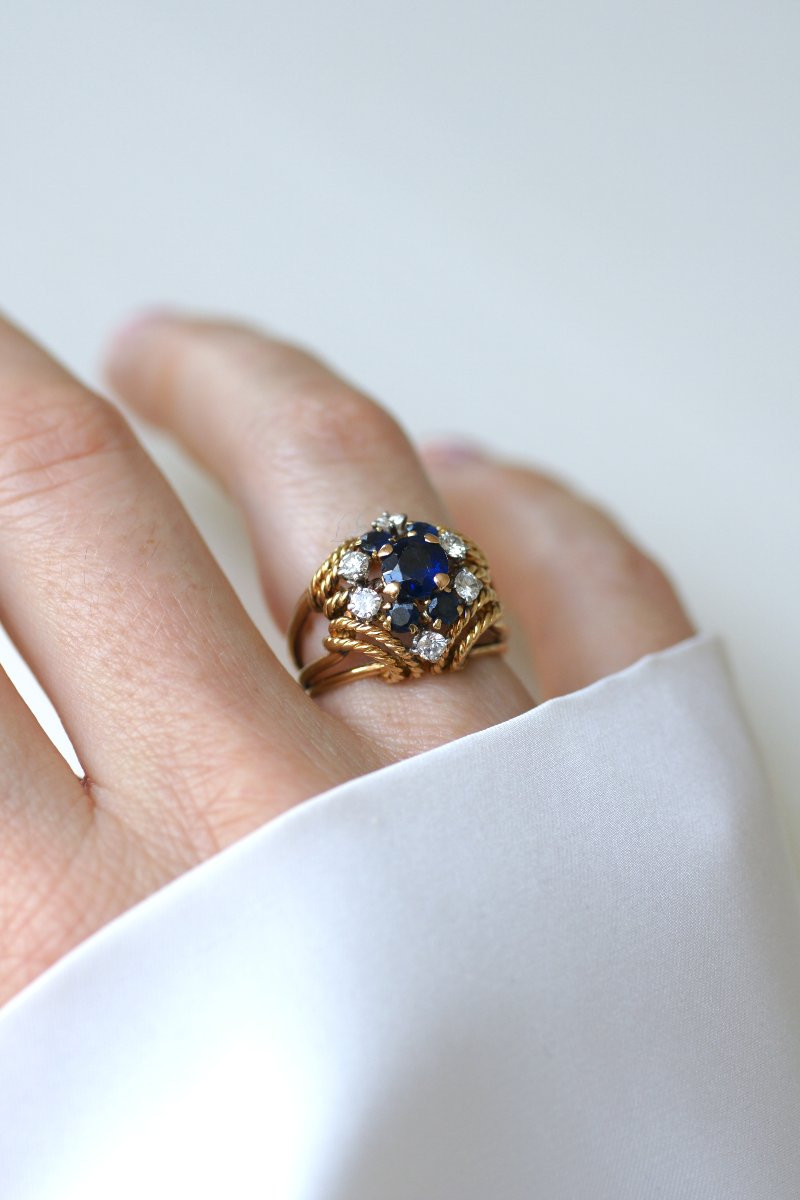Boucheron Bague Boule Cocktail Saphir et Diamant sur Or Jaune et Platine-photo-5