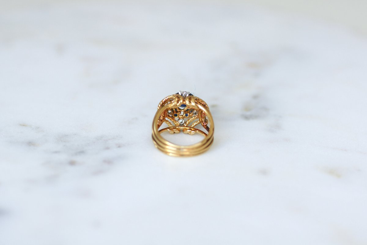 Boucheron Bague Boule Cocktail Saphir et Diamant sur Or Jaune et Platine-photo-6