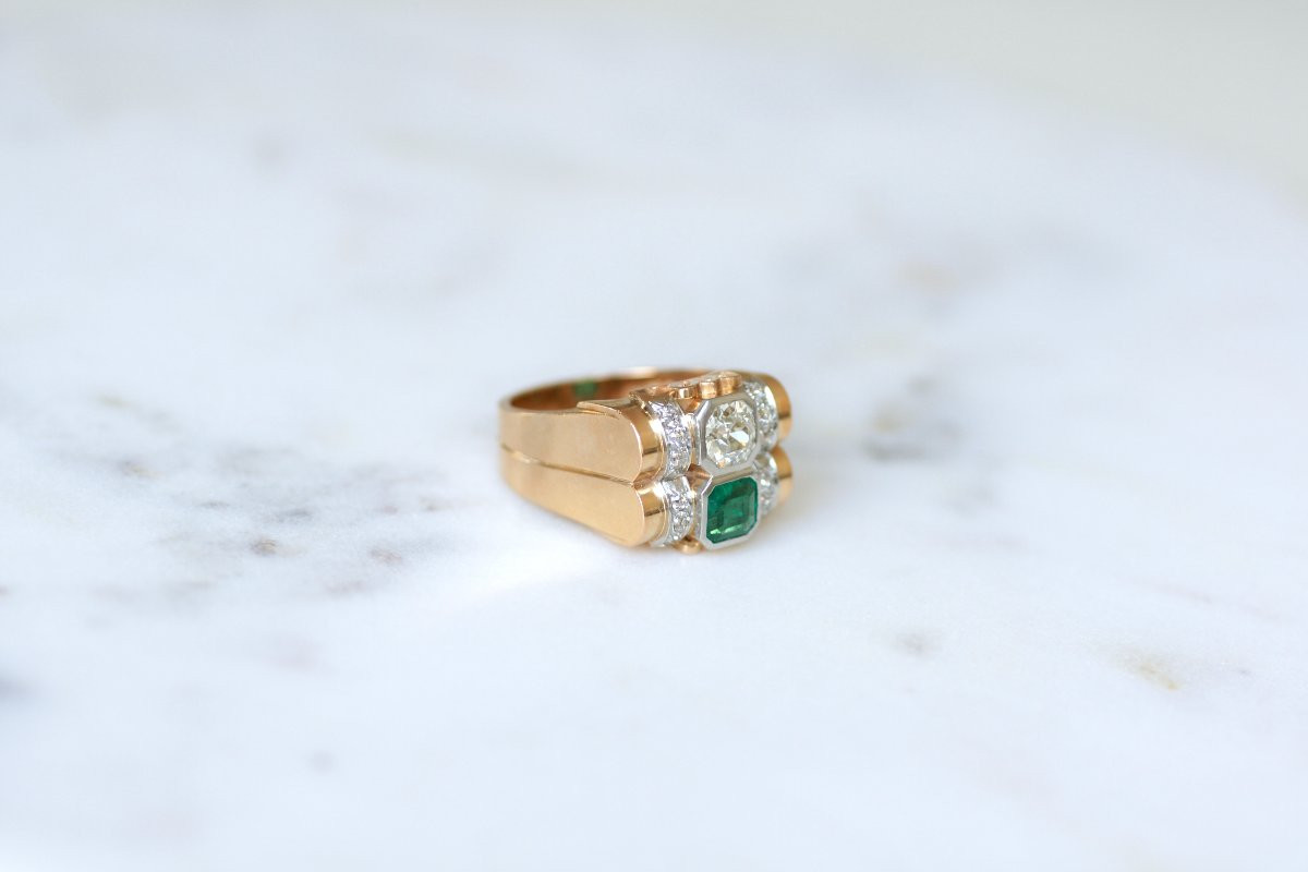 Bague Tank Emeraude Colombienne et Diamants sur Or Rose et Platine-photo-4