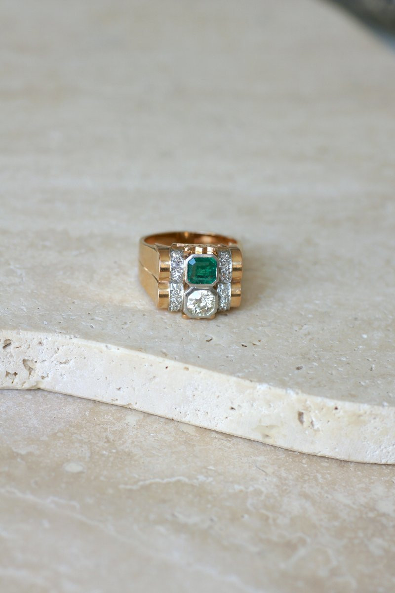 Bague Tank Emeraude Colombienne et Diamants sur Or Rose et Platine-photo-2
