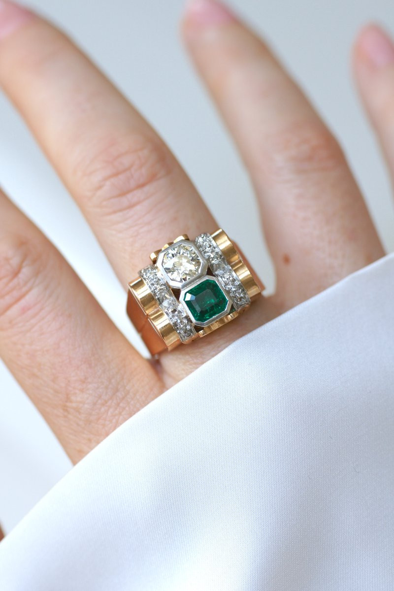 Bague Tank Emeraude Colombienne et Diamants sur Or Rose et Platine-photo-6