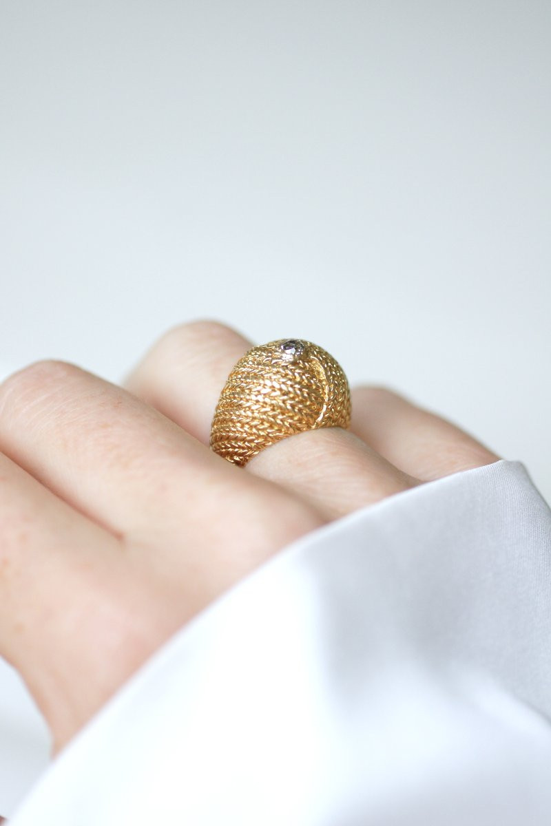 French Diamond Cocktail Ring On Braided Yellow Gold 1960s-photo-2