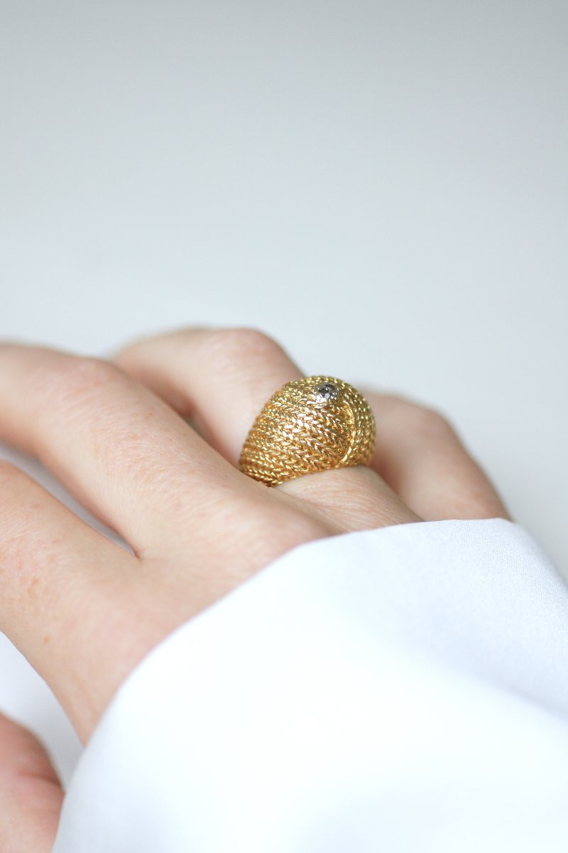 French Diamond Cocktail Ring On Braided Yellow Gold 1960s-photo-3