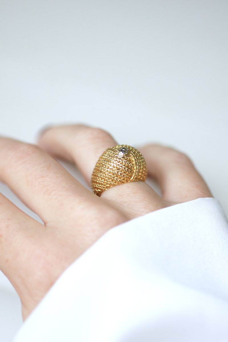 French Diamond Cocktail Ring On Braided Yellow Gold 1960s-photo-4